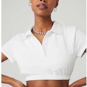 ALO Yoga White Cropped Polo Top